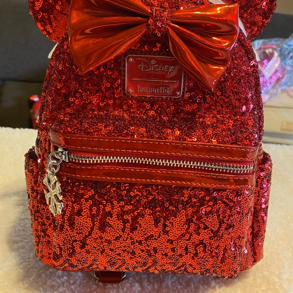 Loungefly Red Mini Backpack with Shimmery Finish and Large Bow - Picture 1 of 2